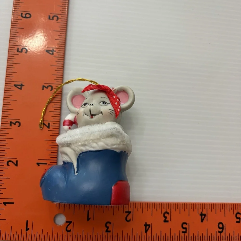 Vintage Christmas Ornament Lot Mouse In Boot Puppy In Santa Hat Giftco Bells